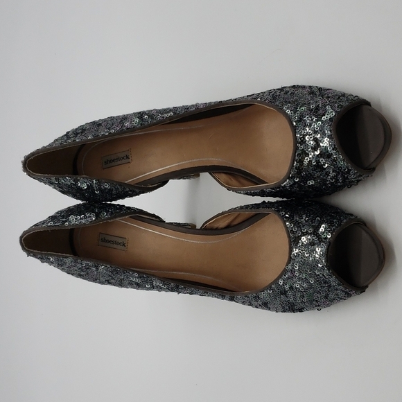 SHOESTOCK women US 10 EU 41 silver pewter heels peep toe sequin open Dorsay side - Picture 3 of 11